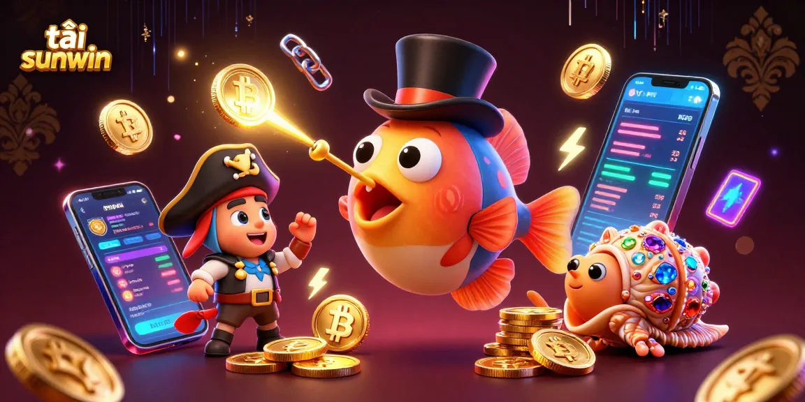 Tải sunwin with an engaging scene of animated sea creatures winning gold coins in an online casino setting.