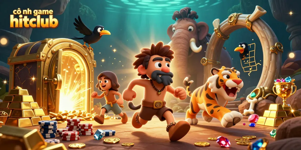 Experience excitement at cổng game hitclub with a lively casino scene featuring caveman duo and treasures.
