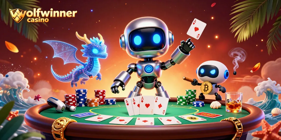 Engage in excitement at wolfwinner casino with a cartoon-style 3D robot and poker elements.